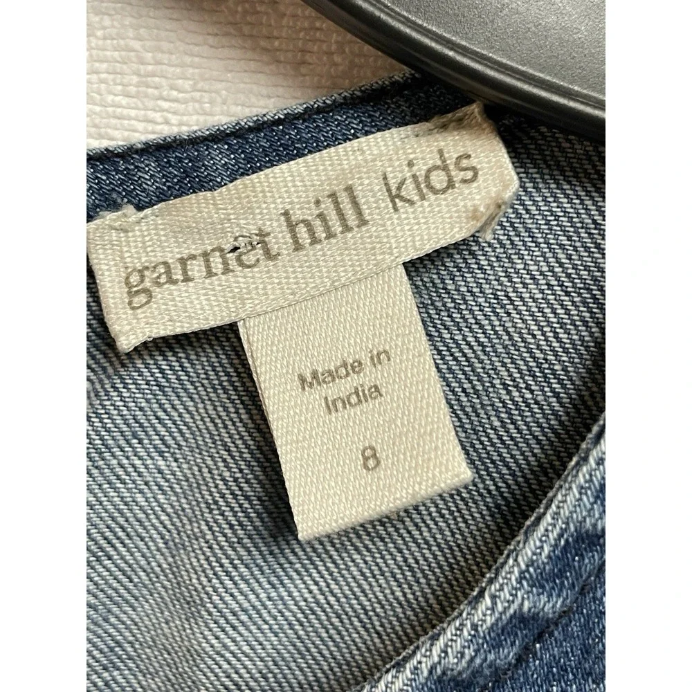 Garnet Hill Dress Girls Sz 8 Denim Embroidered‎ Floral Short Sleeve Raw Hem Boho